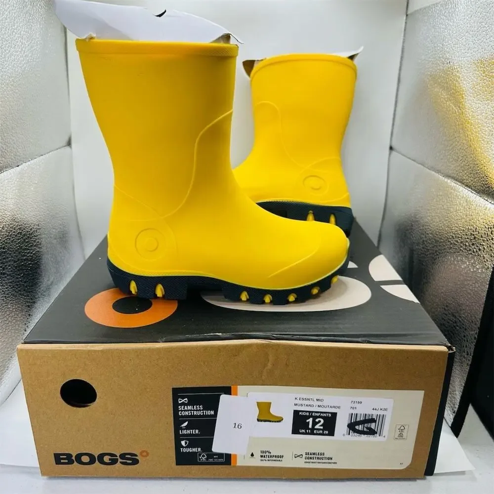 Bogs Essential Mid Kids Rain Boots Mustard Yellow Waterproof Size 12